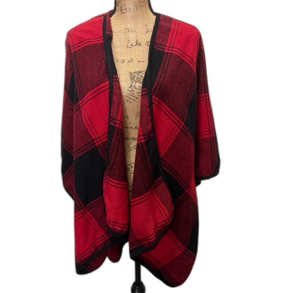 Wonderly Buffalo Plaid Shawl Red Black Open Front Wrap Poncho Christmas One Size